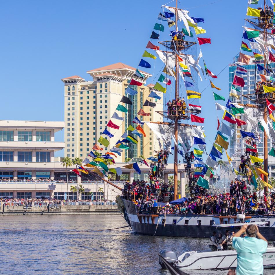 Gasparilla pirate ship in front of Tampa Convention Center